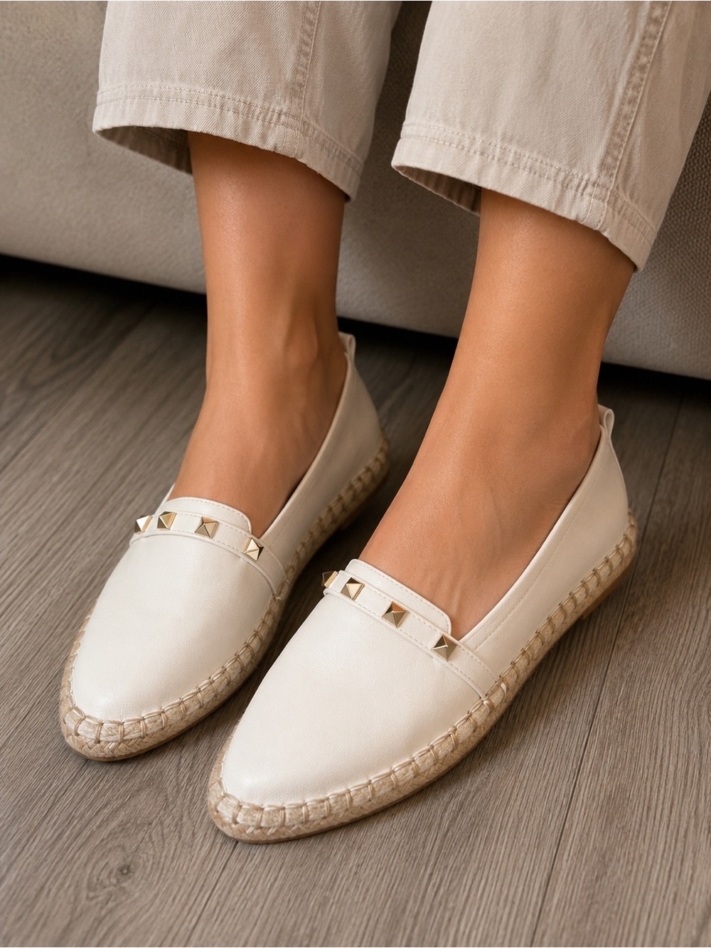 Off-White Espadrille Loafers with Stud Detail